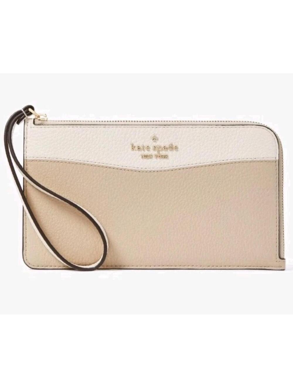 Kate Spade Lucy Beige & White Leather L-Zip Wristlet KE575 Wallet NWOT $139